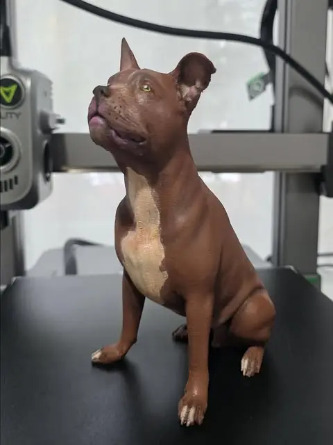 Figura 3D del mismo pitbull, impresa en resina y pintada a mano con su color chocolate y su mancha blanca en el pecho
