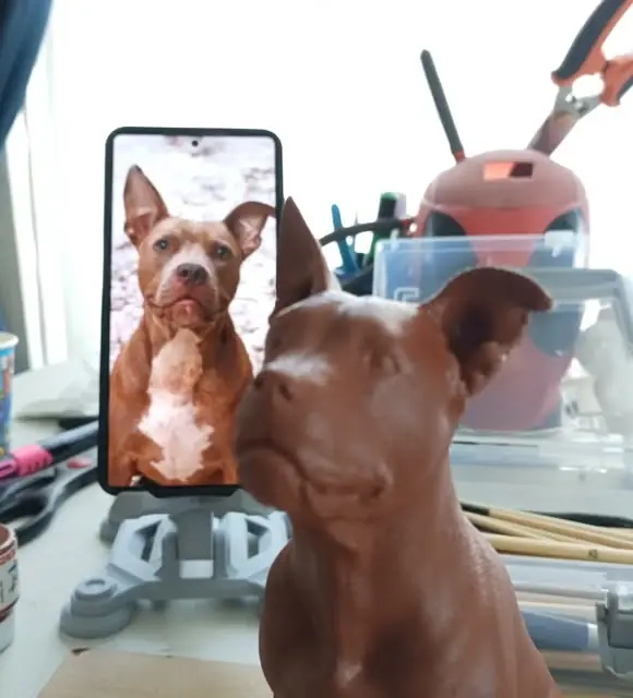 Figura 3D de un pitbull junto al celular que muestra la foto original del perro, para comparar el parecido